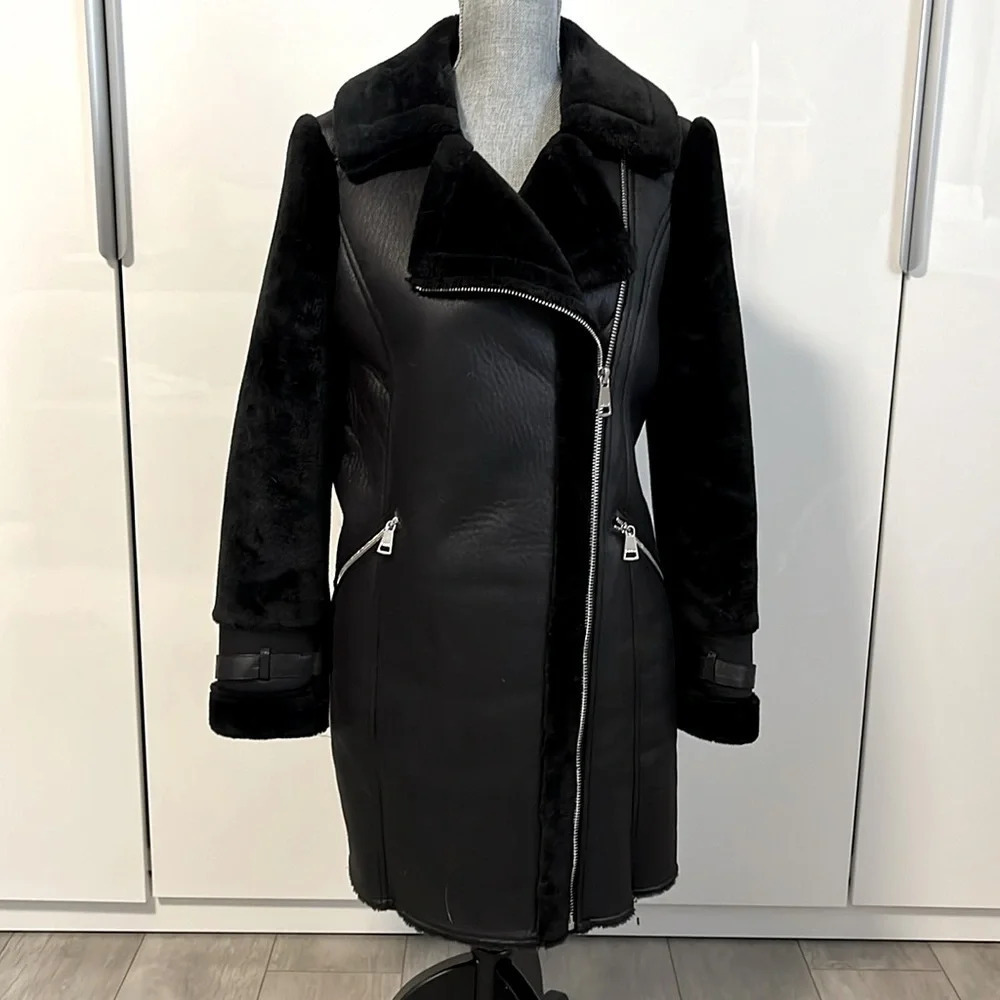 NWOT DKNY Wool Blend Faux Fur Shearling Coat Zipper Closure, Size S